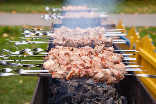 Barbecue skewers with lamb meat on the brazier.