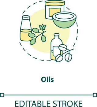Oils concept icon. Organic meal ingredients. Natural food addons. Vegetarian diet components idea thin line illustration. Vector isolated outline RGB color drawing. Editable stroke