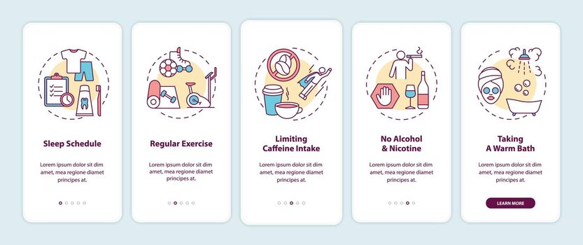Healthy sleep hygiene onboarding mobile app page screen with concepts