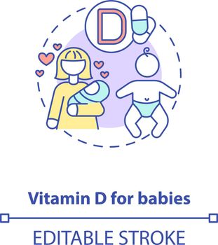 Vitamin D for babies concept icon. Needed supplement idea thin line illustration. Baby daily needs. Rickets risk. Formula-fed newborns. Vector isolated outline RGB color drawing. Editable stroke