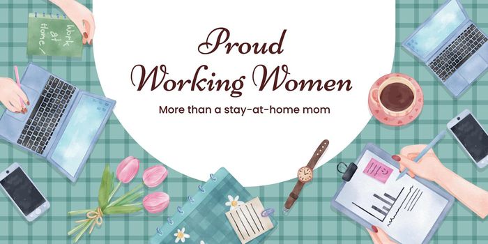 Blog header template with woman work from home concept,watercolor style