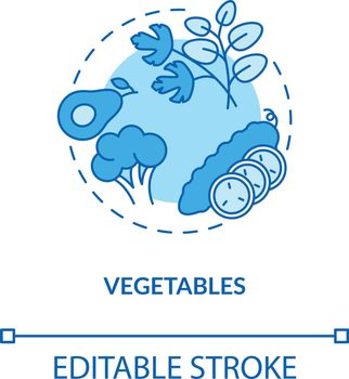 Vegetables concept icon. Healthy meal preparations. Natural meals. Vegetarian diet components idea thin line illustration. Vector isolated outline RGB color drawing. Editable stroke