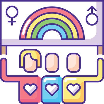 Pride parade with rainbow flag banner RGB color icon