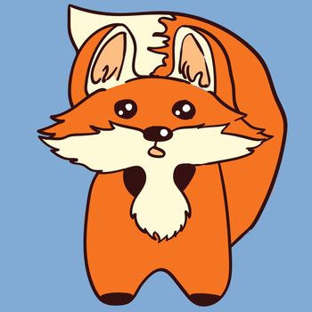 Cute cartoon red fox on a blue background. Frightened little fox vector.