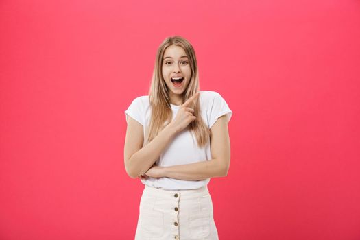 Close up studio photo portrait of attractive woman with open mouth making crazy astonished emotion expression isolated bright pink background