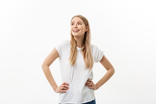 Caucasian young confident woman. Model white t-shirt isolated on white background.