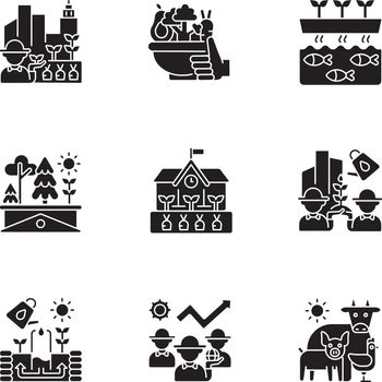 Agricultural business flat design long shadow glyph icons set