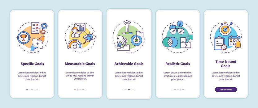 Smart goals definition onboarding mobile app page screen with concepts