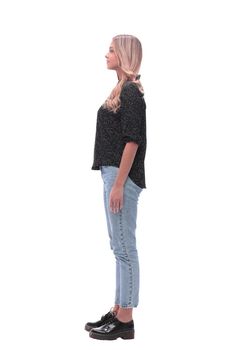 side view. modern young woman in jeans and black blouse