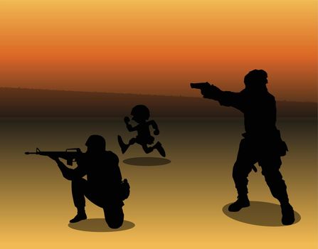 Silhouette Of Two Soldiers Attacking
