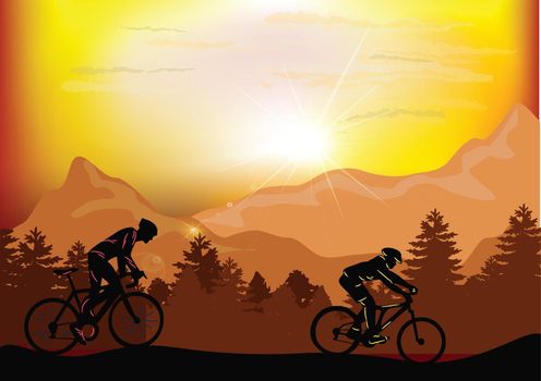 Silhouette of two men riding bicycles