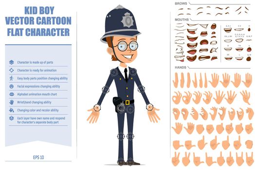 Cartoon british policeman boy character vector set