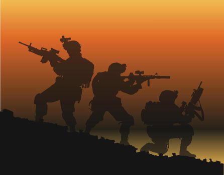 the silhouette of soldiers fighting with guns