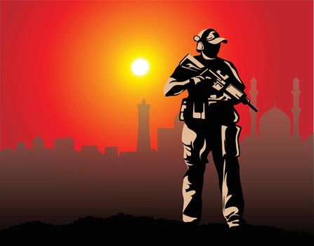 The silhouettes of a soldier  standing guard for the city