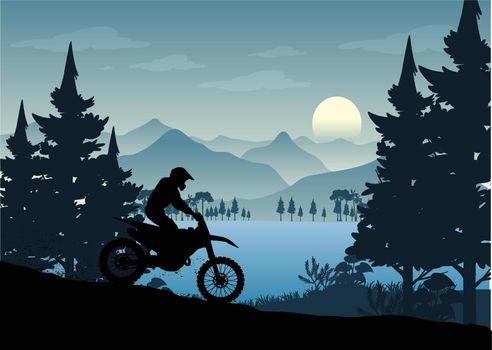 Motorbike Riders Motorcycle Silhouettes In Wild Forest Mountain Nature Landscape Background