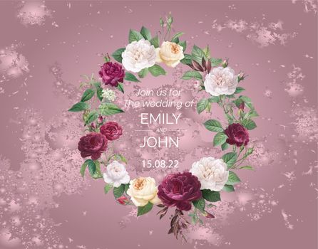 Flowers garland with wedding invitation on pink background 