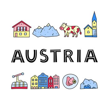 Poster with lettering and doodle colored Austria icons.