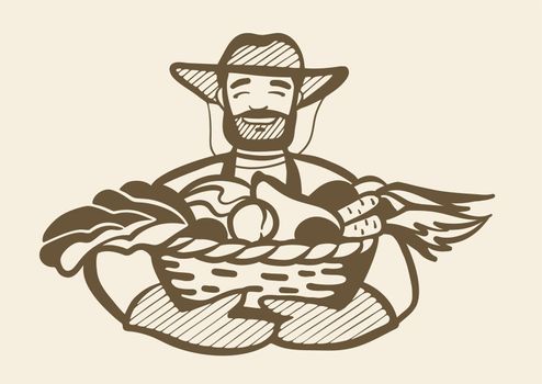 A strong man holds a basket with a harvest of vegetables. Farmer in a hat, the logo is black and white.