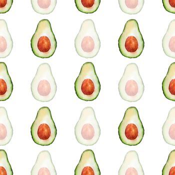 Watercolor seamless pattern with fruits avocado on white background. Endless Pattern for kitchen textiles