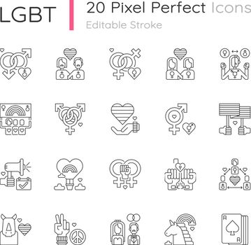 Pride parade pixel perfect linear icons set