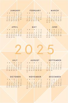 orange 2025 calendar template with mosaic translucent triangles. Calendar design for print and digital. Week starts on Sunday