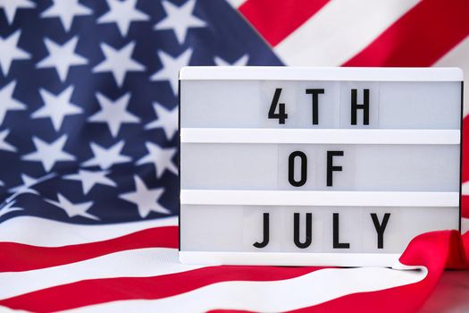 American flag. Lightbox with text 4TH OF JULY Flag of the united states of America. July 4th Independence Day. USA patriotism national holiday. Usa proud.