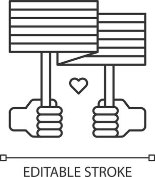 Hands holding pride parade placard pixel perfect linear icon