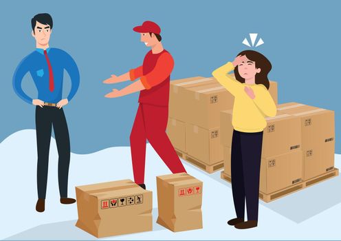 The girl was not satisfied with the parcel received. The manager scolded the staff because the product was damaged. vector illustration