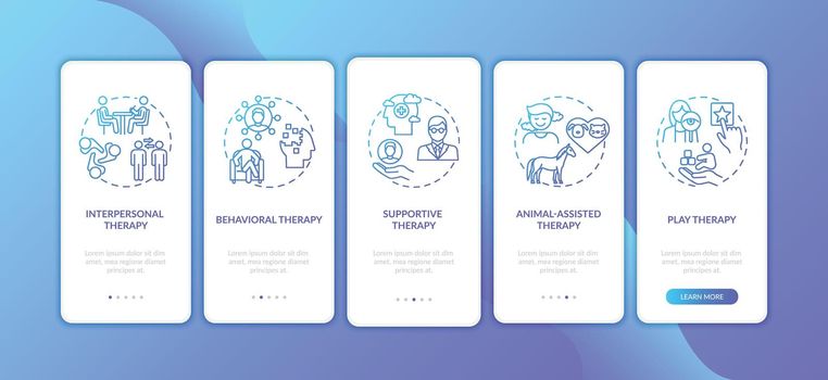 Psychotherapy different kinds onboarding mobile app page screen with concepts