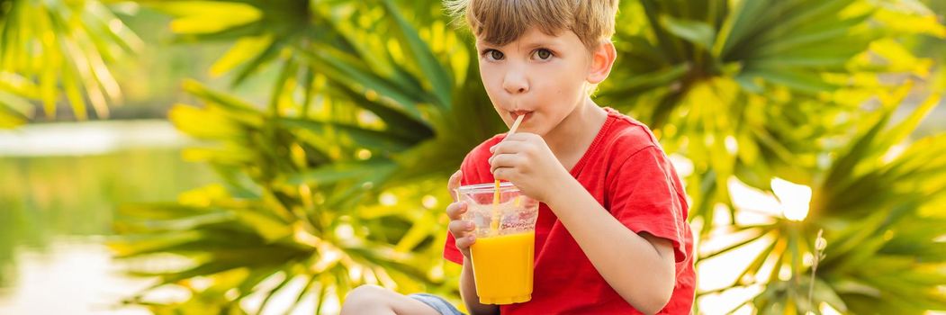 Boy drink healthy smoothies against the backdrop of palm trees. Mango smoothies. Healthy nutrition and vitamins for children BANNER, LONG FORMAT