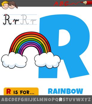 letter R worksheet with cartoon rainbow