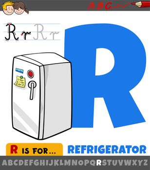 letter R worksheet with cartoon refrigerator object