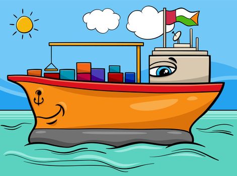 cartoon container ship character on the sea