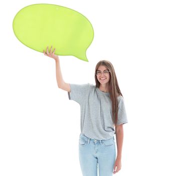 dreamy young woman with a speech bubble.
