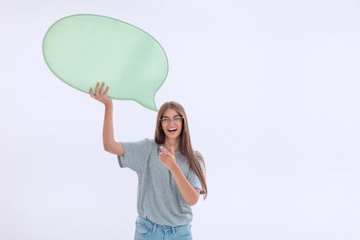 dreamy young woman with a speech bubble.