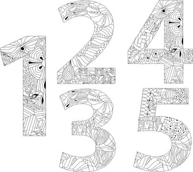 Set of numbers one, two, three, four, five for coloring. Zentangle. Vector decorative objects