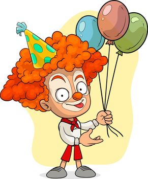 Cartoon funny clown in holiday cap with balloons