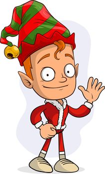 Cartoon funny christmas elf showing hello sign