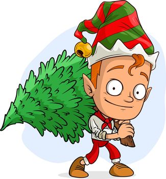 Cartoon funny christmas elf carrying a fir-tree