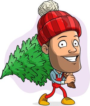 Cartoon lumberjack santa claus carrying a fir-tree
