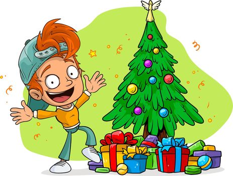 Cartoon happy boy with fir-tree and gifts boxes