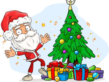 Cartoon santa claus with fir-tree and gifts boxes