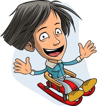 Cartoon happy smiling girl riding on sled