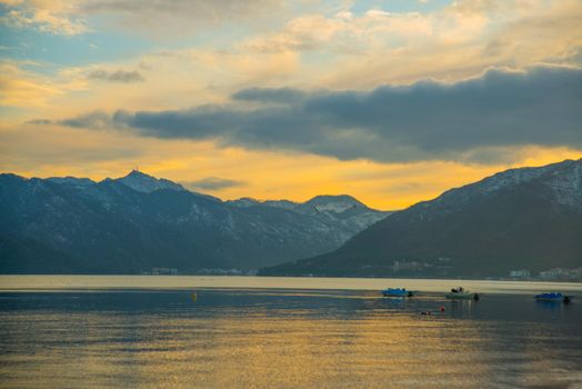 MARMARIS, TURKEY: View from Marmaris beach to the sea and mountains in the snow in winter.