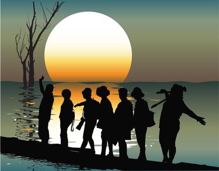 People adventure silhouette with sunset background