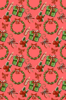 Seamless pattern. Christmas gifts with sweets and a wreath on a red background.