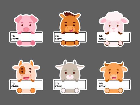 Sticky labels set of horse, pig, cow, sheep, bull, goat. Cute cartoon animal tags for notepad, memo pad, flag marker for office school, scrapbooking, baby shower, invitation, decor.