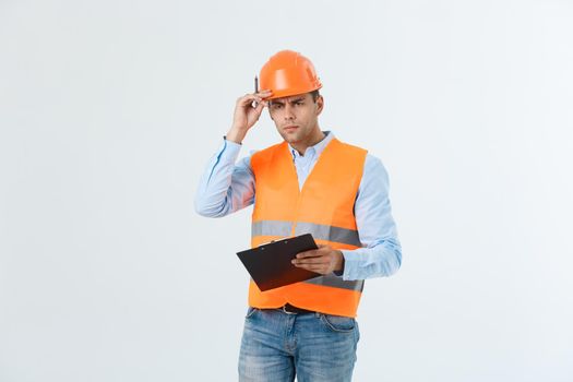Civil engineer or architech and worker with safety helmet checking building ,engineering and architect concept.