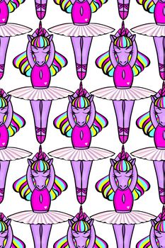 Seamless pattern. A lilac unicorn-a ballerina dances on a white background. Rainbow mane.