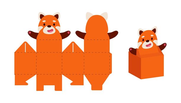 Simple packaging favor box red panda design for sweets, candies, small presents. Party package template for any purposes, birthday, baby shower. Print, cut out, fold, glue. Vector stock illustration